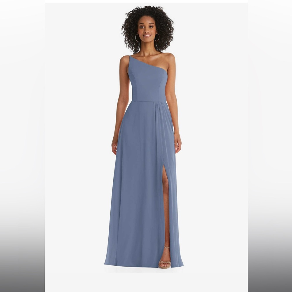 Addison LuxChiffon One Shoulder Dress Color Larkspur (Blue) size 0 front slit